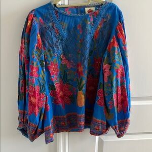 FARM Rio Blue and Red Artistic Long Sleeve Blouse